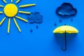 Weather forecast concept. Sunny and rainy. blue background top view copy space Royalty Free Stock Photo