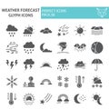 Weather forecast glyph icon set, climate symbols collection, vector sketches, logo illustrations, meteorology signs