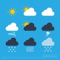 Weather forecast icon set. Nine icons are isolated on a blue background. Vector illustration Royalty Free Stock Photo