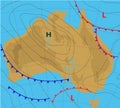 Weather forecast map of Australia. Meteorological plan of the country. Realistic synoptic chart with aditable generic map showing