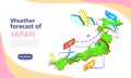 Weather forecast map of JAPAN. Isometric set icons location on country. Vector widgets layout of a meteorological