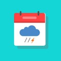 Weather forecast meteo icon vector with thunderstorm rain meteorology symbol in calendar sign flat cartoon illustration isolated,