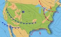 Weather forecast. Meteorological weather map of the United State of America. Realistic synoptic map USA with aditable generic map