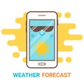 Weather forecast in smartphone. Cartoon happy phone with sun icon and big sunglasses Mobile app, widget, online services