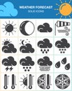 Weather forecast vector icons set, modern solid symbol collection, filled pictogram pack isolated on white.