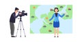 Weather forecast. Woman reporter standing on background of map with microphone and male operator with camera