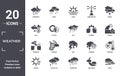 weather icon set. include creative elements as raindrops, snowy, sunrise, bolt, ice pellets, moonrise filled icons can be used for