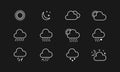 Weather icon set. Raining, snowing, sunny, cloudy. Vector on isolated black background. EPS 10