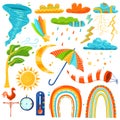 Weather icons in childish style, set isolated on white, colorful climate stickers, vector illustration Royalty Free Stock Photo