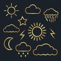 Weather icons for cloud,moon,sun,rain,thunder,star,gold color,vector illustrations