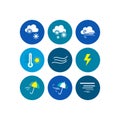 Weather icons. Weather emblem. Round icons with weather symbols and phases of the moon.