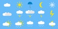 Weather icons isolated on blue background. Simple cartoon clip arts of forecast Royalty Free Stock Photo