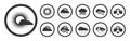 Weather icons. Set of weather icons in black. Sunny, overcast with rain and snow. Storm. Sunrise and sunset. Fog.
