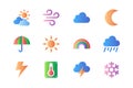 Weather icons set in color flat design. Pack of cloud, sun, wind, crescent moon, umbrella, sunny day, rainbow, rain, lightning, Royalty Free Stock Photo