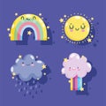 Weather icons set cute rainbow sun cloud rain rainbow funny decoration purple background Royalty Free Stock Photo