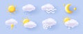 Weather icons set, 3d render soft shapes illustration of different weather conditions at night and day Royalty Free Stock Photo