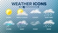 Weather Icons Set Vector. Sunny, Cloudy Storm, Rainy, Snow, Foggy. Good For Web, Mobile App. On Transparent Royalty Free Stock Photo