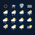 Weather icons sun and clouds in sky, rain with snow, thunder and lightning at hurricane. Flat vector weather and