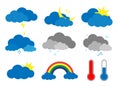 Weather icons. Symbols of rain, clouds,rainbow, snow,sun, hot and cold temperature. Meteo forecast icons vector set. Royalty Free Stock Photo