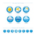 Weather icons. Weather emblem. Round icons with weather symbols and phases of the moon. Royalty Free Stock Photo