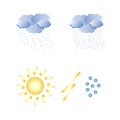 Weather icons. Yellow sun and lightning, blue clouds, raindrops, snowflakes, hails. Objects on a white background