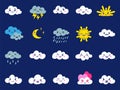 Weather kawaii characters icons. Emotional clouds, snow and sun, wind and rainy day symbols. Cartoon meteorology Royalty Free Stock Photo