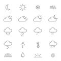 Weather line art icons set. Collection of thin modern symbols of weather. Sun, rain, moon, cloud, cold, snow, wind, fog Royalty Free Stock Photo