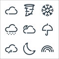 weather line icons. linear set. quality vector line set such as rainbow, half moon, wind, umbrella, night, snowy, snowflake,