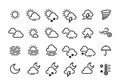 Weather line icons. Sun clouds rain snow wind fog infographic and interface outline elements. Vector day and night