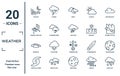 weather linear icon set. includes thin line twilight, sprinkle weather, overcast, tropical storm, rainy day, light bolt, waxing