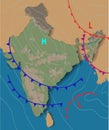 Weather map of the India. Chart synoptic showing isobars and weather fronts. Meteorological forecast. Topography and physical map