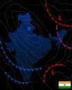 Weather map of the India. Meteorological forecast on a dark background. Editable vector illustration of a generic weather map