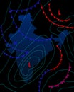 Weather map of the India. Meteorological forecast on a dark background. Editable vector illustration of a generic weather map