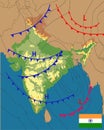 Weather map of the India. Meteorological forecast on physical map background. Editable vector illustration of a generic weather