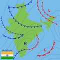 Weather map of the India. Realistic synoptic map of the India showing isobars and weather fronts. Meteorological forecast.