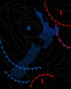 Weather map of the New Zealand . Meteorological forecast on a dark background.Editable vector illustration of a generic weather