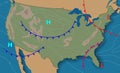 Weather map of the United States of America. Meteorological forecast. Editable vector illustration of a generic weather map