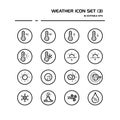 Weather and meteorology line icon set in a circle. Temperature, humidity and natural phenomenon. Outline vector illustration