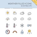 Weather and meteorology. Sun, clouds, temperature and pressure group. Isolated icon set. Filled vector illustration
