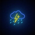 Weather neon sign. Glowing neon rain with thunder icon.