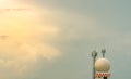 Weather observations radar dome station and telecommunication tower against blue sky and clouds. Aeronautical meteorological Royalty Free Stock Photo