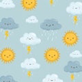 Seamless Weather Pattern for Boys Featuring Clouds, Sun, Rain, and Lightning in a Flat Illustration Style Royalty Free Stock Photo