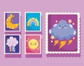 Weather post stamp icons with cute rainbow cloud moon and sun cartoon Royalty Free Stock Photo