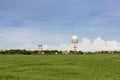 Weather radar at aeronautical meteorological station for information for air traffic with green field on blue sky background in