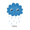 Rainy print with a cute cloud character for kids. Educational weather flash card