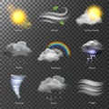 Weather realistic 3d icons vector. set Sun, cloud, rainbow, storm wind