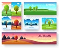 Weather seasons icons on nature ecology background. Vector flat design Royalty Free Stock Photo