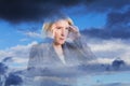 Weather sensitive woman headache clouds Royalty Free Stock Photo