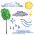 Weather set, clouds, sun, tree, hand drawn watercolor illustration Royalty Free Stock Photo