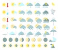 Weather set of colored icons. Rain and thunderstorms, sunny, tor